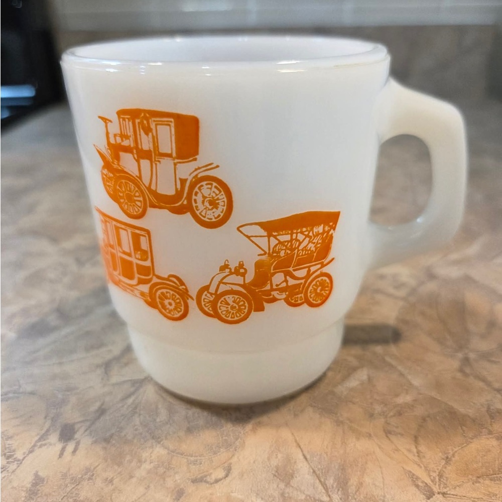vintage Anchor Hocking Fire-King milk glass mug with antique car desig